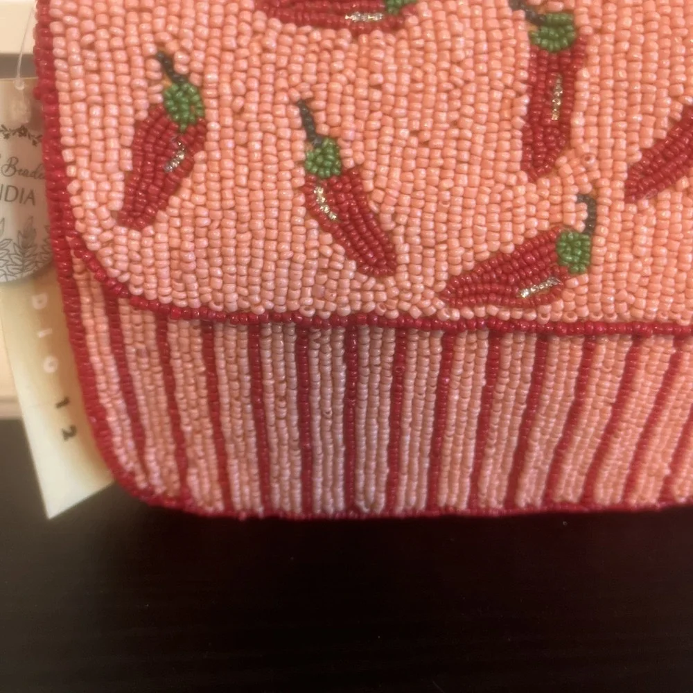 NEW-Handcrafted In India Beaded Chili Peppers Pink Red Striped Shoulder Bag